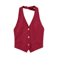 Burgundy halter button front vest, front flat lay