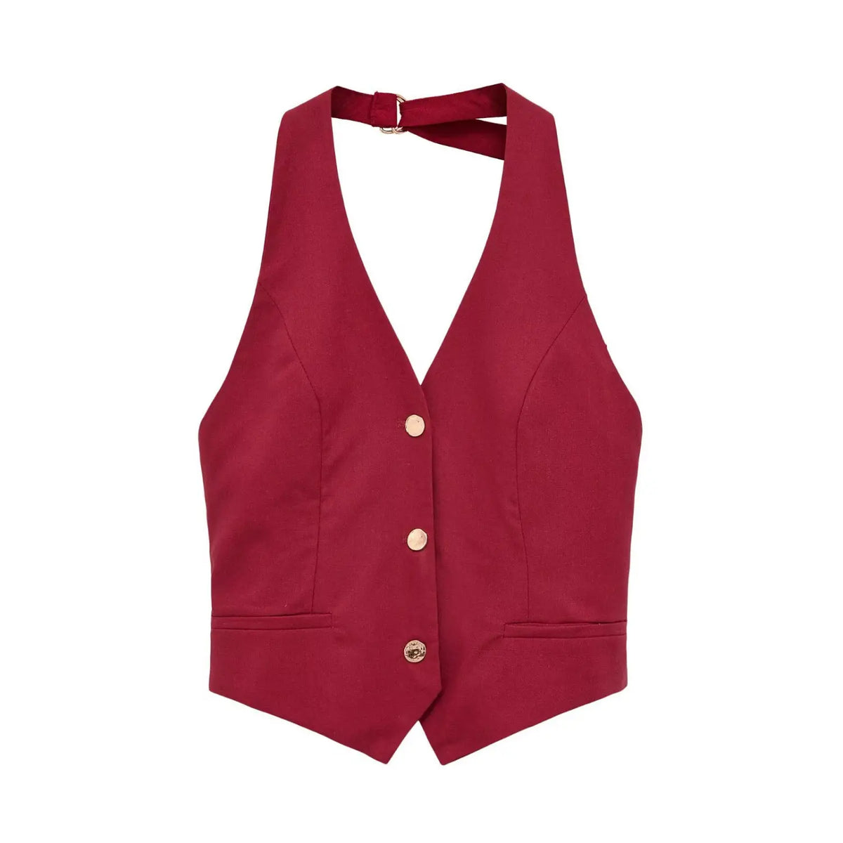 Burgundy halter button front vest, front flat lay