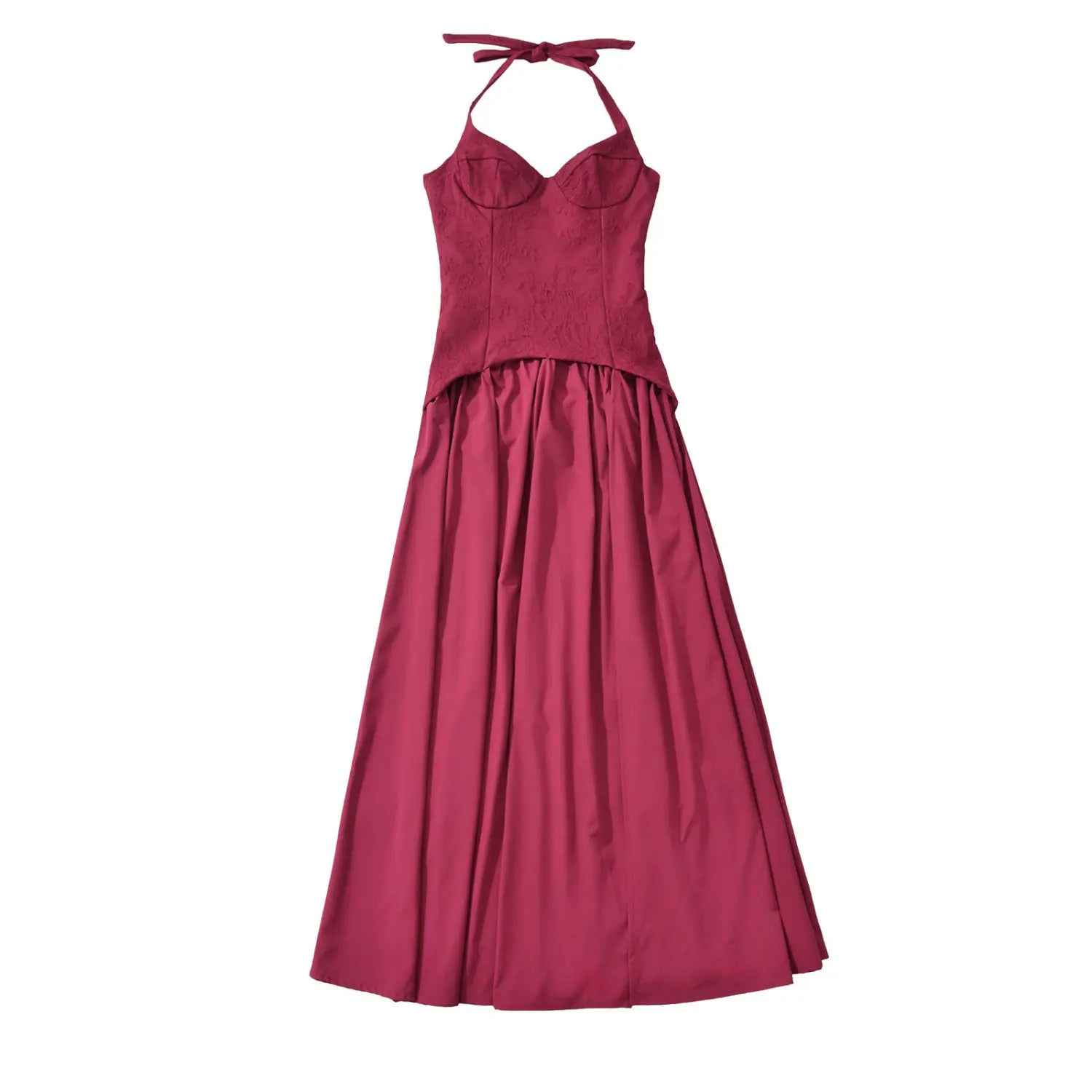 Flat lay front view burgundy halter lace corset maxi dress with tie neck and flowy gathered skirt