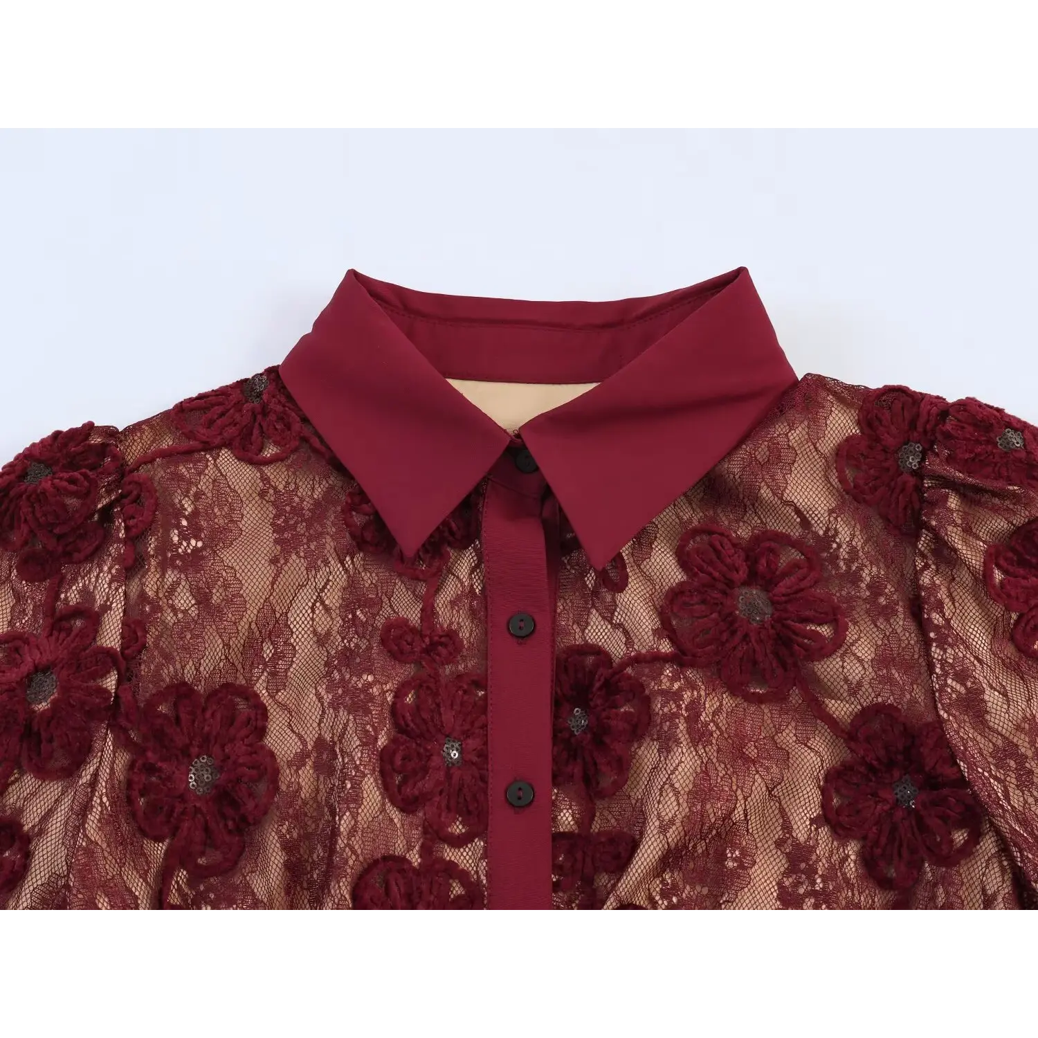 Close‑up shot pointed collar and front button placket burgundy 3d floral lace maxi dress
