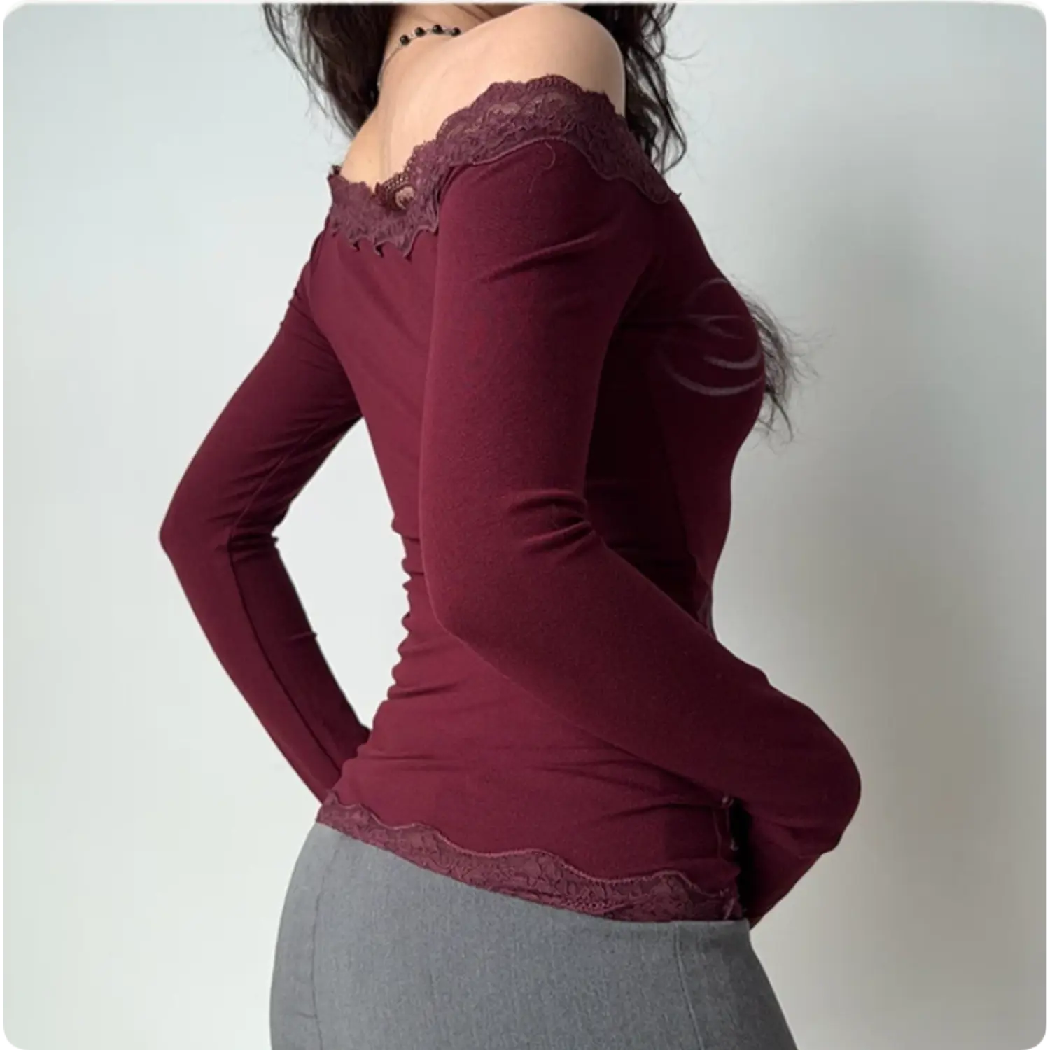 Burgundy lace trim off shoulder long sleeve fitted top, vintage cursive letter graphic print ruched waist y2k women knit tee