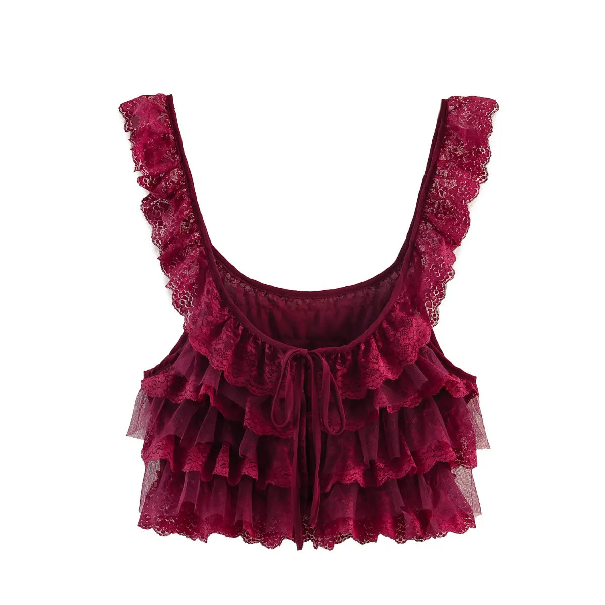 Front view of a burgundy layered lace ruffle camisole with a U-neckline, lace straps, and a front tie detail, isolated on a white background.