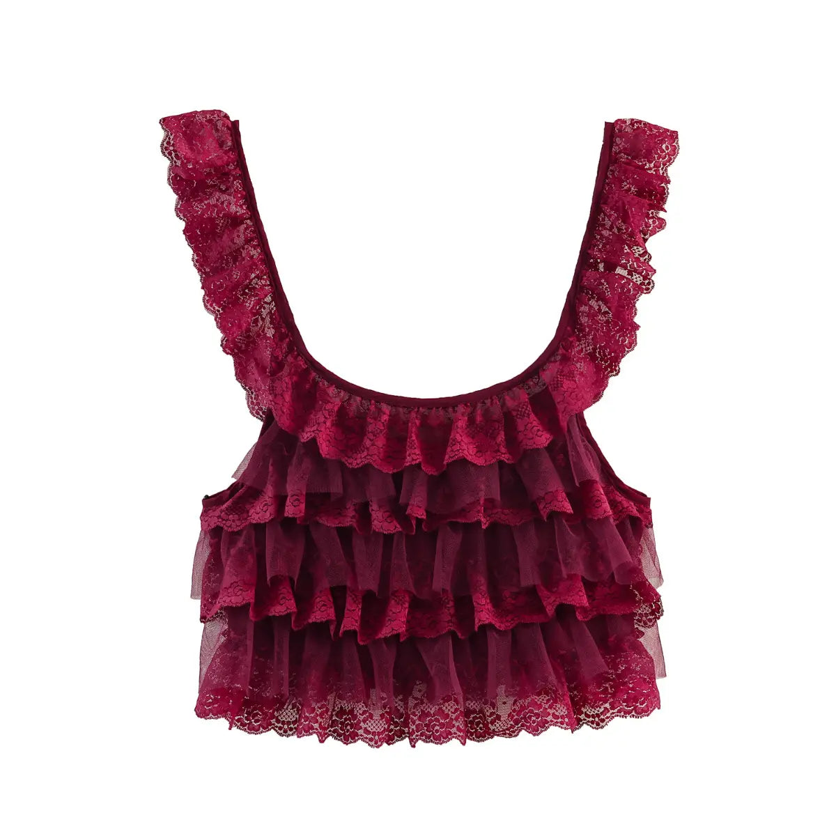 Front view of a burgundy layered lace ruffle camisole with a U-neckline and lace straps, isolated on a white background.