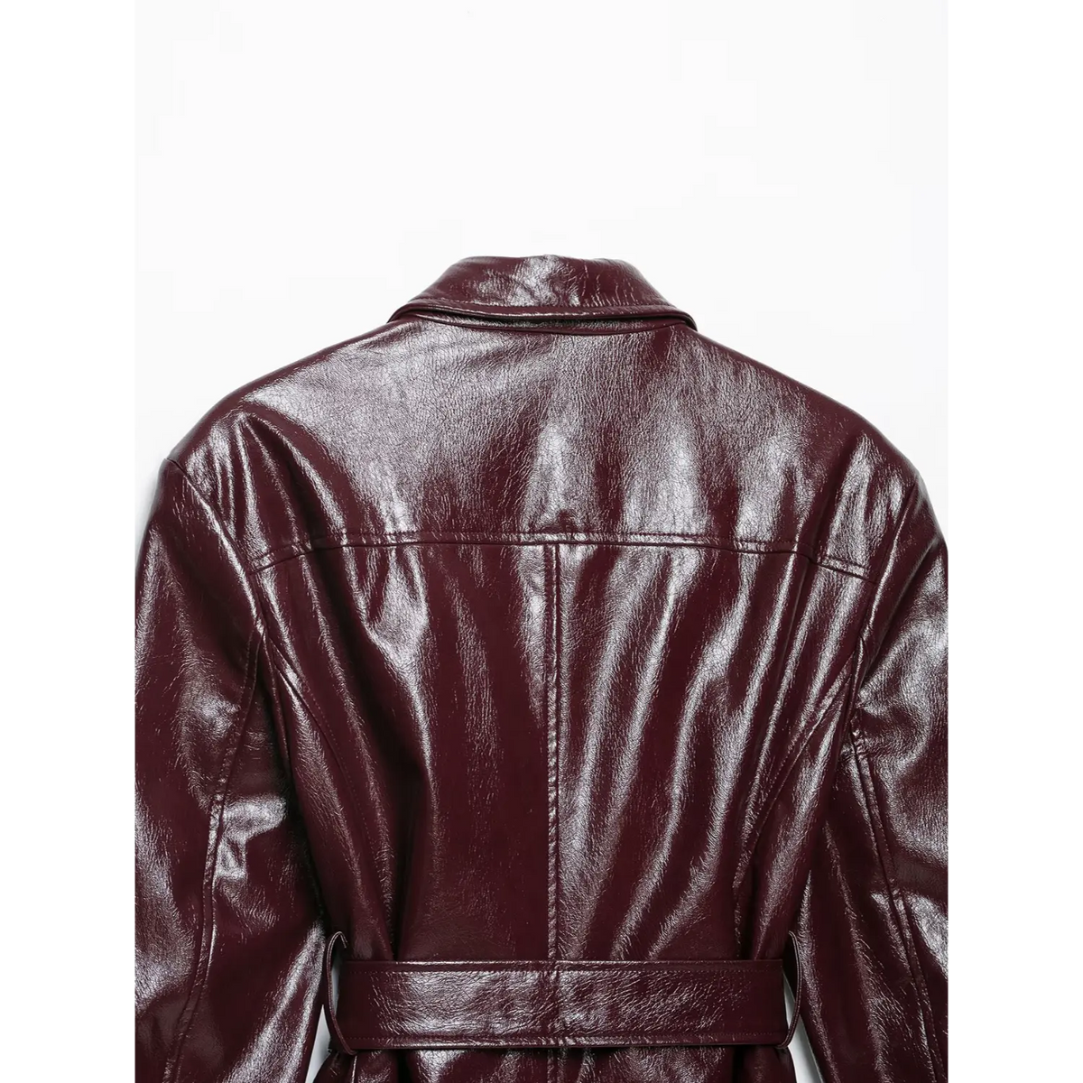 Close-up of back collar and belt on burgundy glossy leather blazer