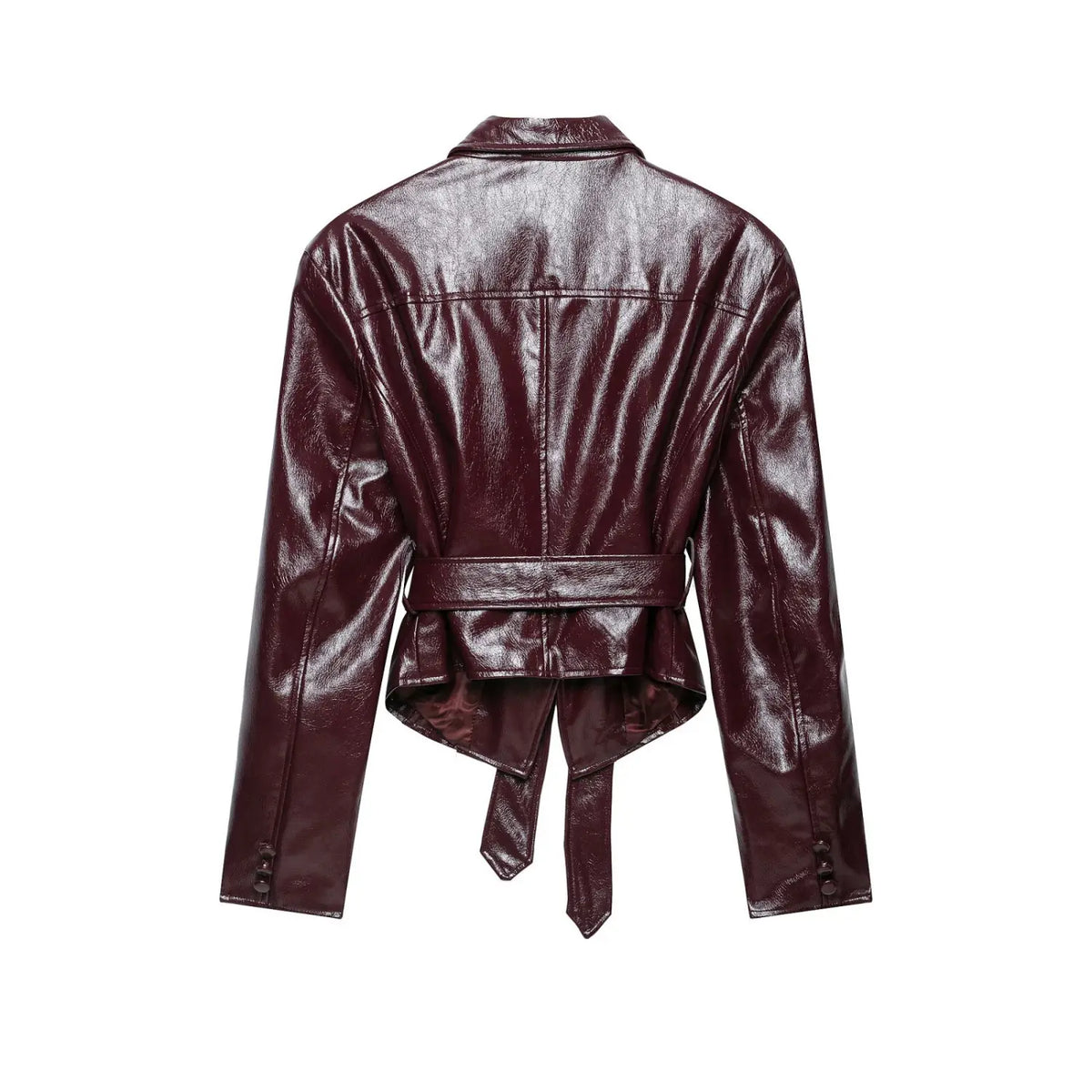 Back view of burgundy glossy leather look blazer jacket with self tie belt on white background