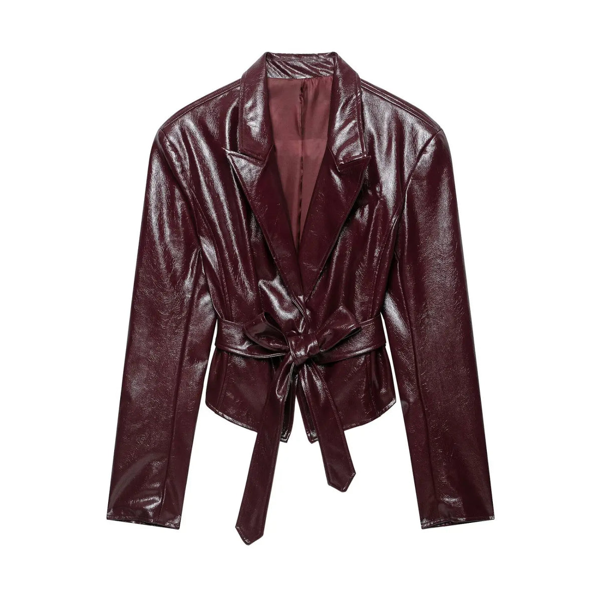 Full front view of burgundy glossy leather look blazer with self tie belt