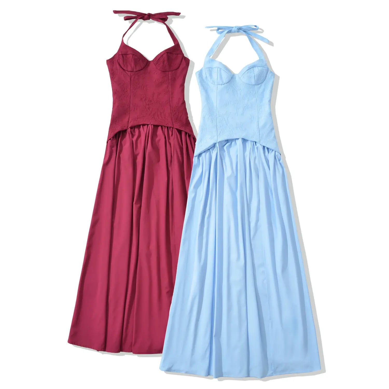 Color collage flat lay two tone burgundy and light blue halter lace corset maxi dresses side by side