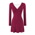 Burgundy long sleeve crisscross back mini dress front view, fitted waist, flared skirt