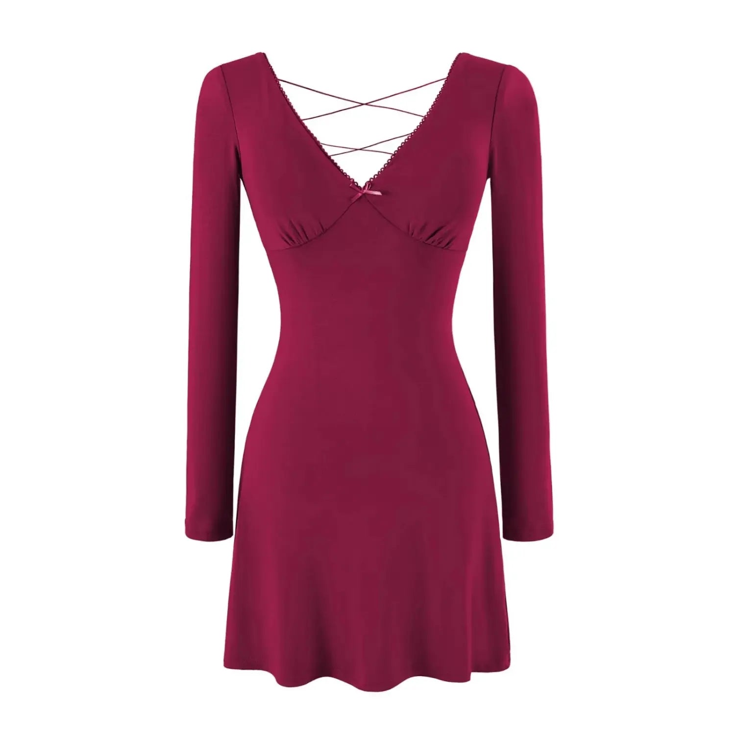 Burgundy long sleeve crisscross back mini dress front view, fitted waist, flared skirt