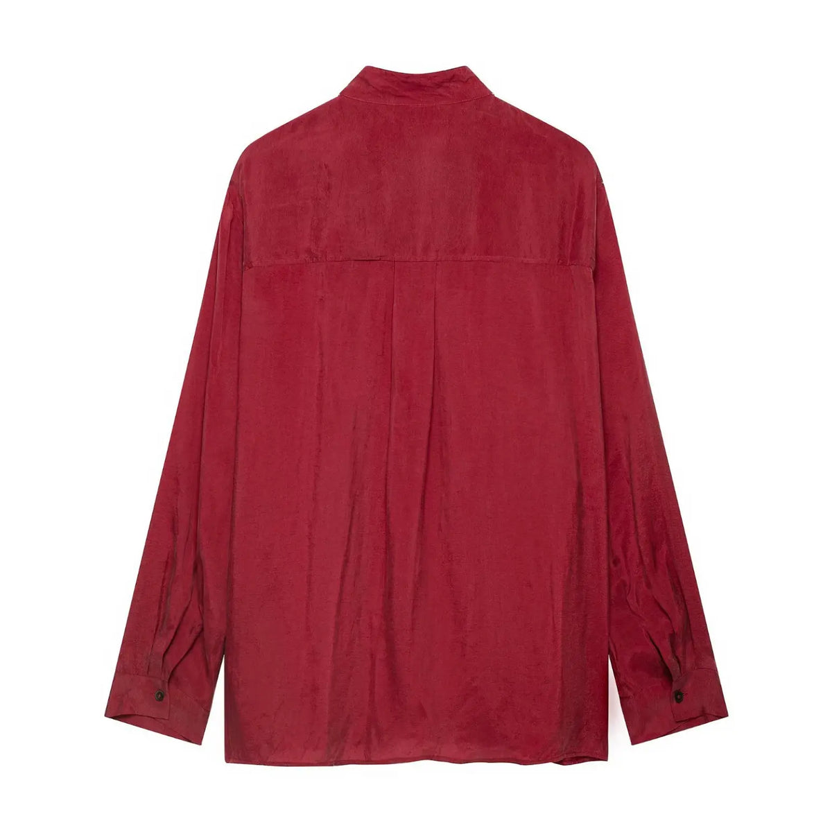 Burgundy mandarin collar asymmetric button blouse flat lay, back view