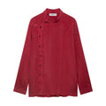 Burgundy mandarin collar asymmetric button blouse flat lay, front view