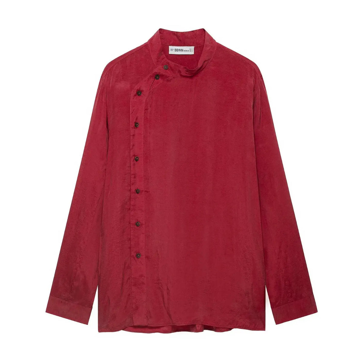Burgundy mandarin collar asymmetric button blouse flat lay, front view
