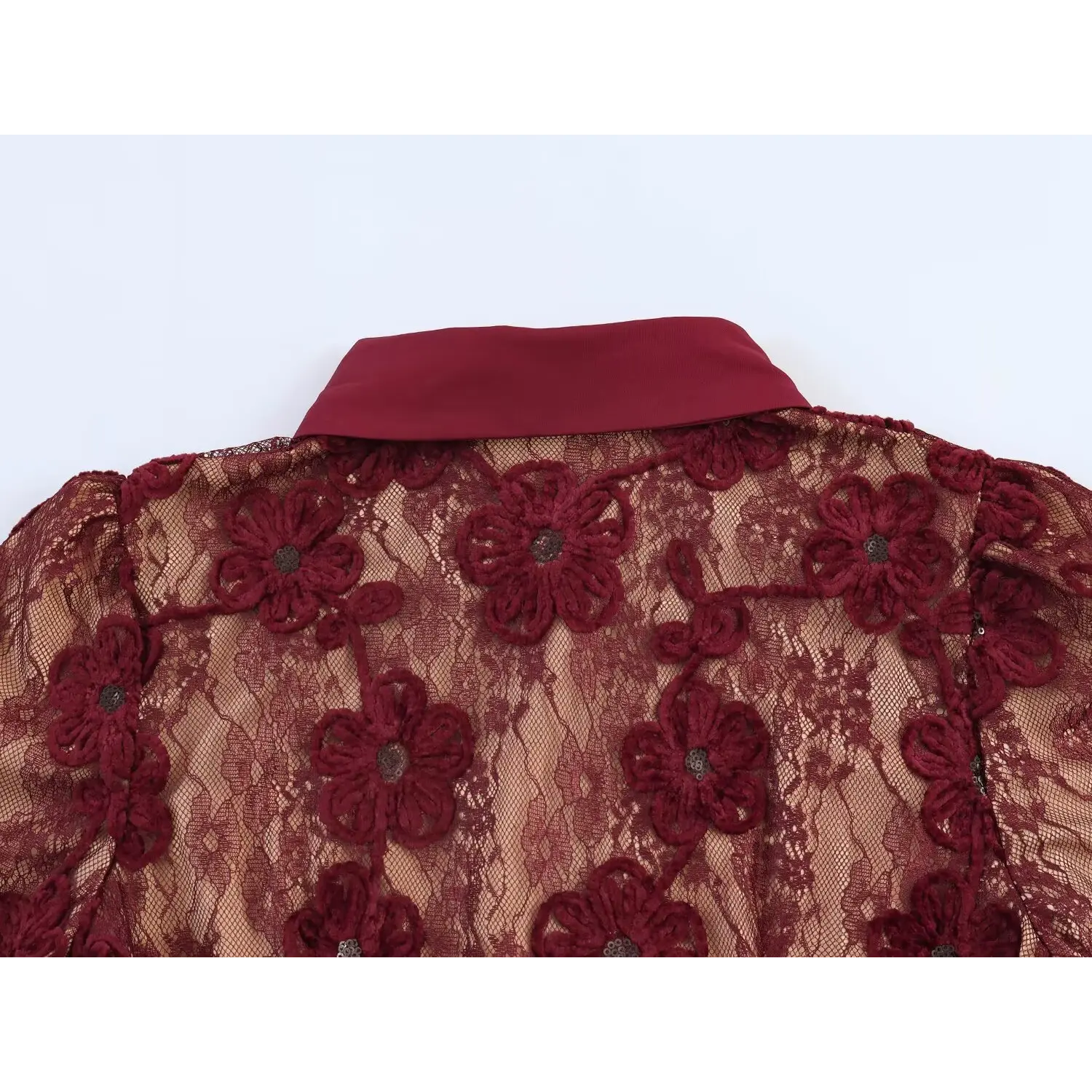Close‑up back collar and yoke all‑over 3d flower lace burgundy maxi dress