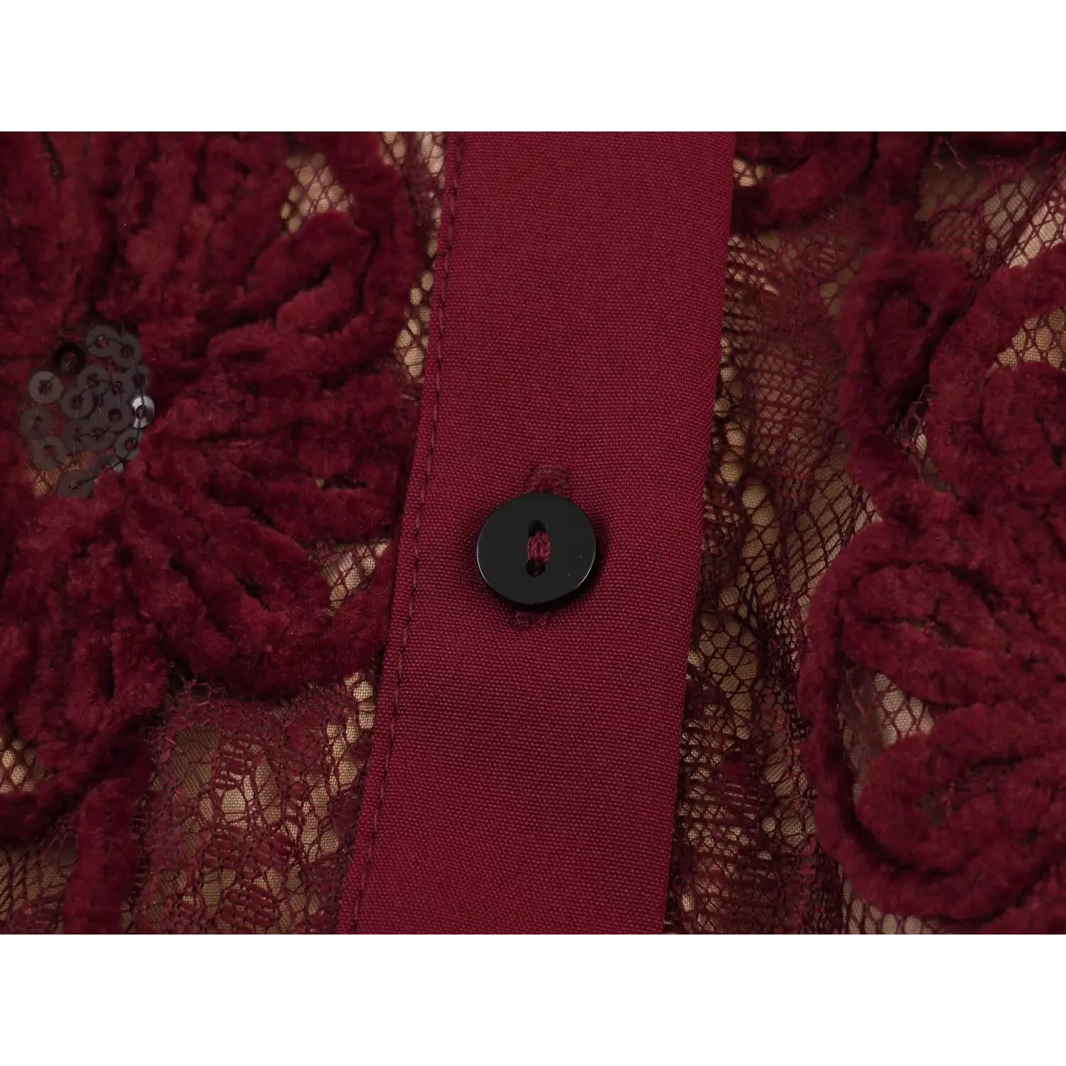 Close‑up front black round button placket burgundy 3d flower lace maxi dress