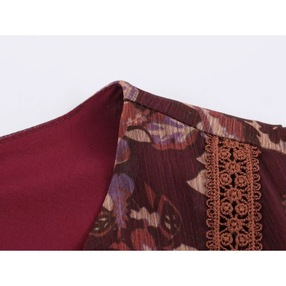 Neat inner lining and clean finished stitching of burgundy v-neck maxi dress