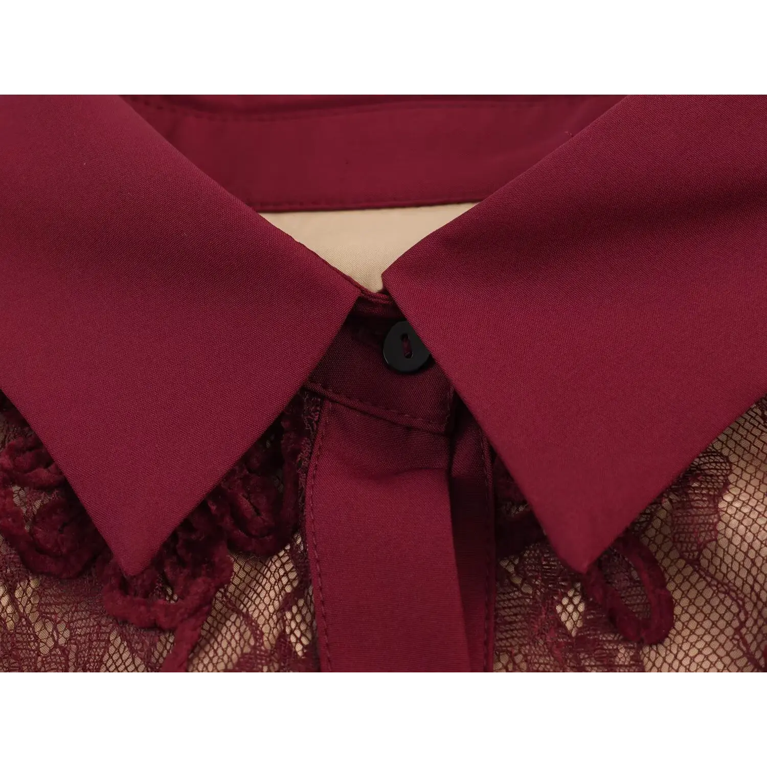 Close‑up pointed collar and top placket construction burgundy floral lace maxi dress