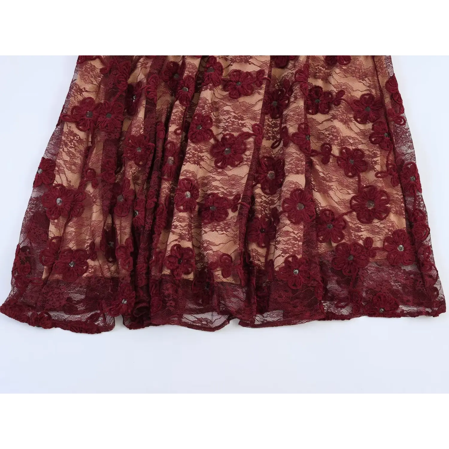 Flat lay skirt section burgundy maxi dress all‑over 3d flower lace pattern
