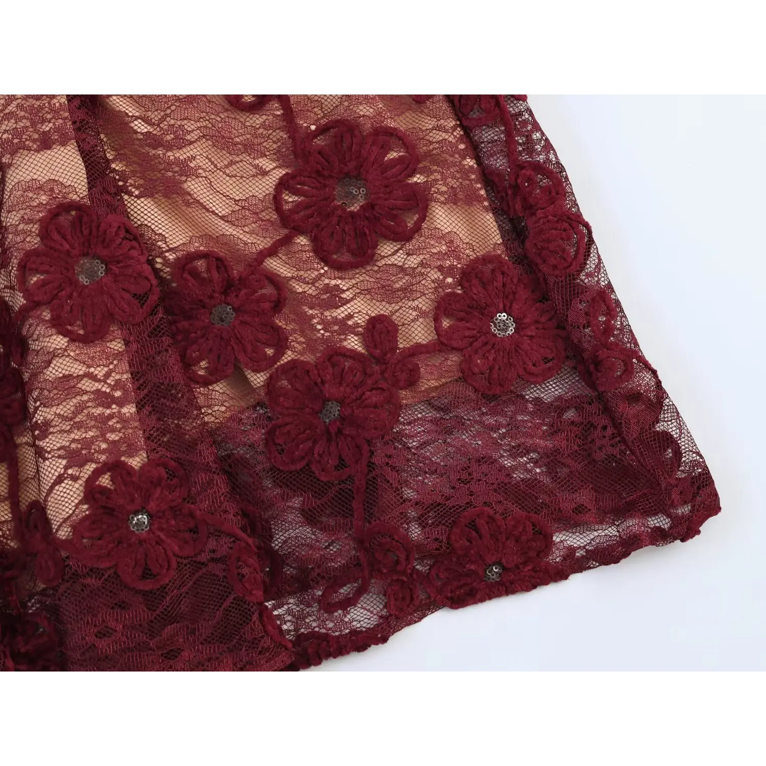 Close‑up skirt hem edge 3d floral applique lace burgundy maxi dress