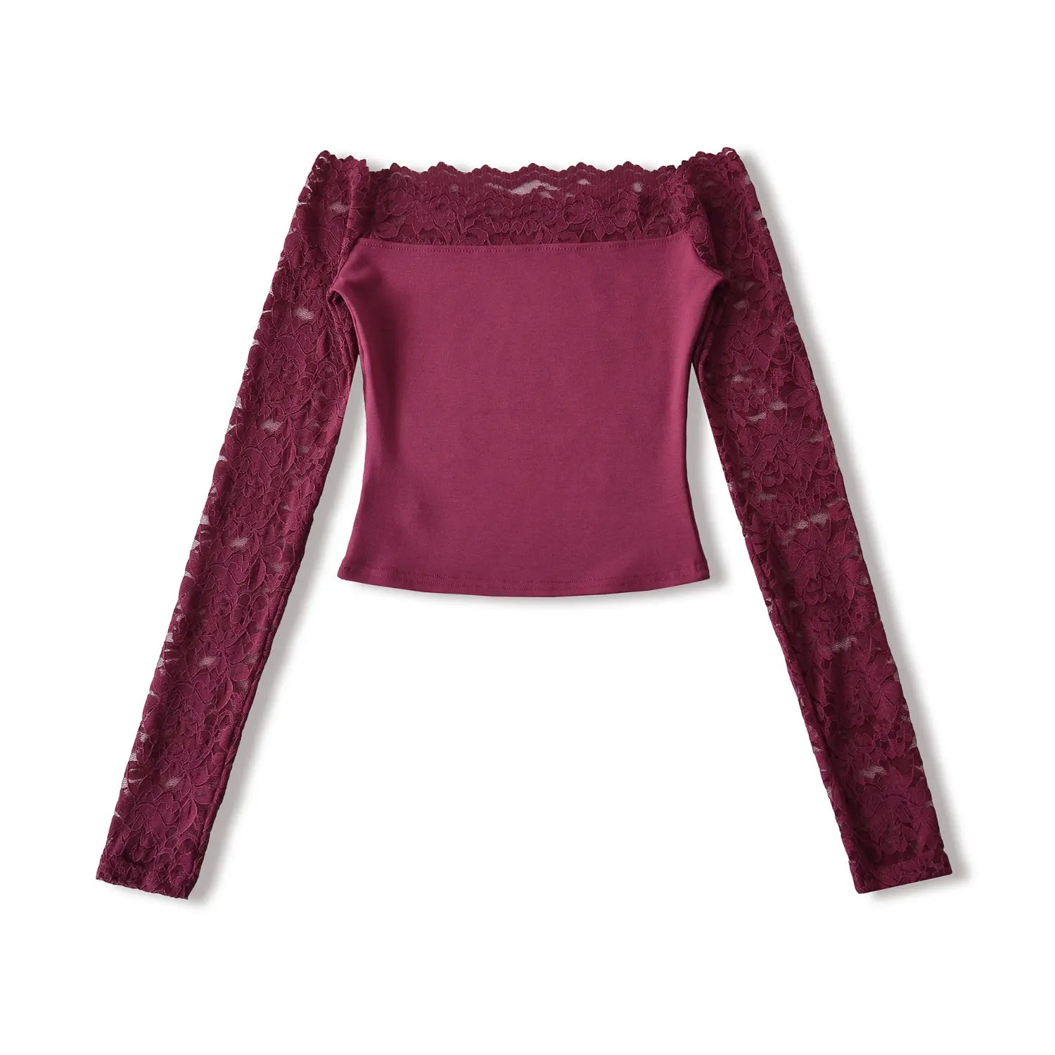 Studio flat‑lay burgundy wine off‑shoulder cropped top with floral lace long sleeves