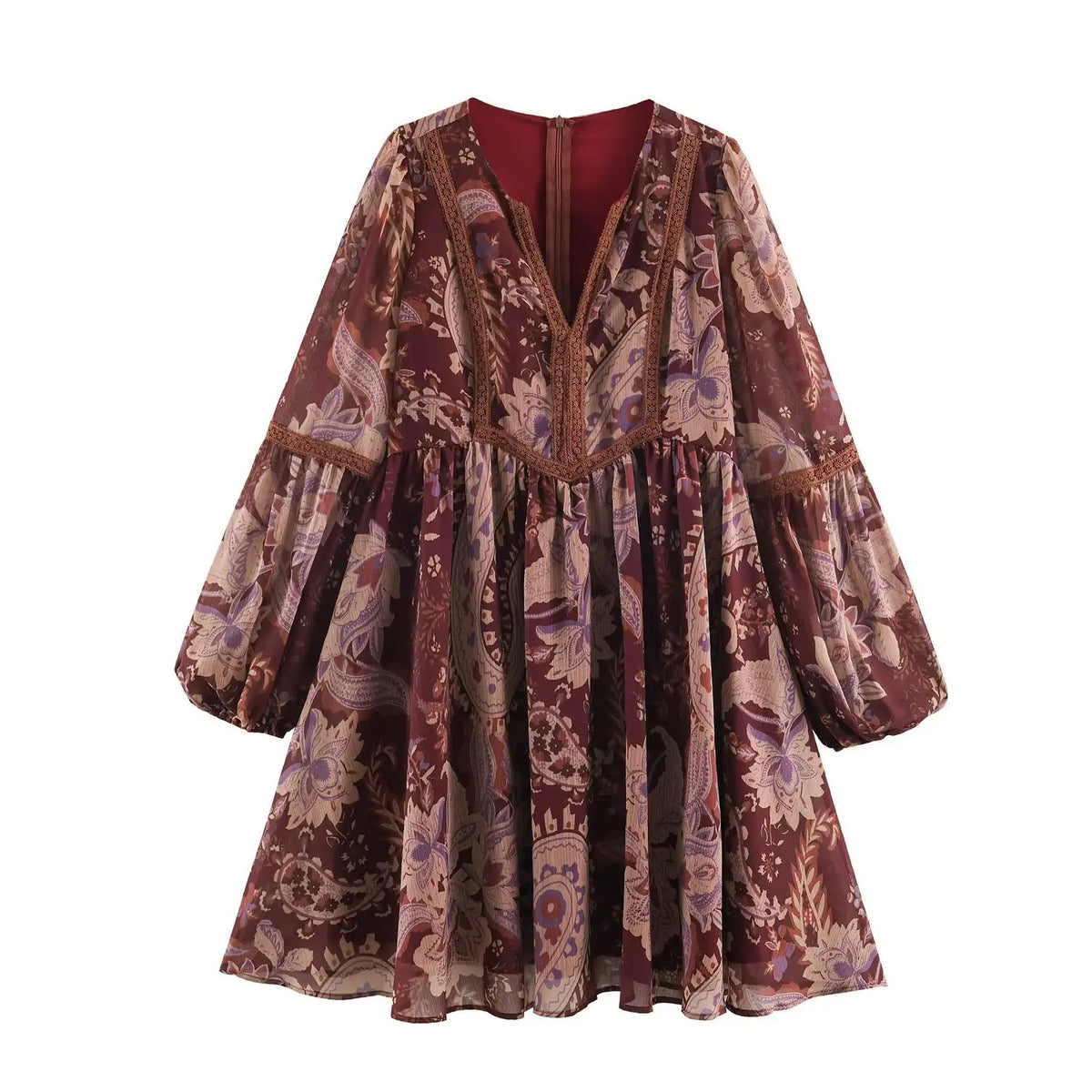 Full front view of burgundy paisley boho maxi dress, v-neckline, crochet lace trim and balloon long sleeves