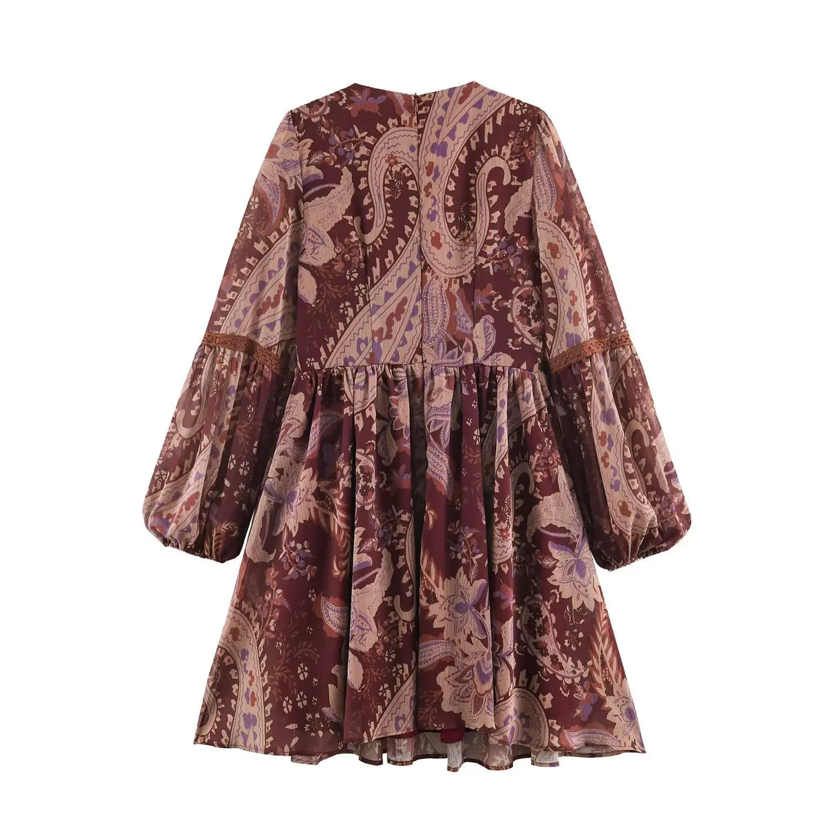 Full back view of burgundy boho paisley maxi dress, fitted back silhouette and flowy long skirt