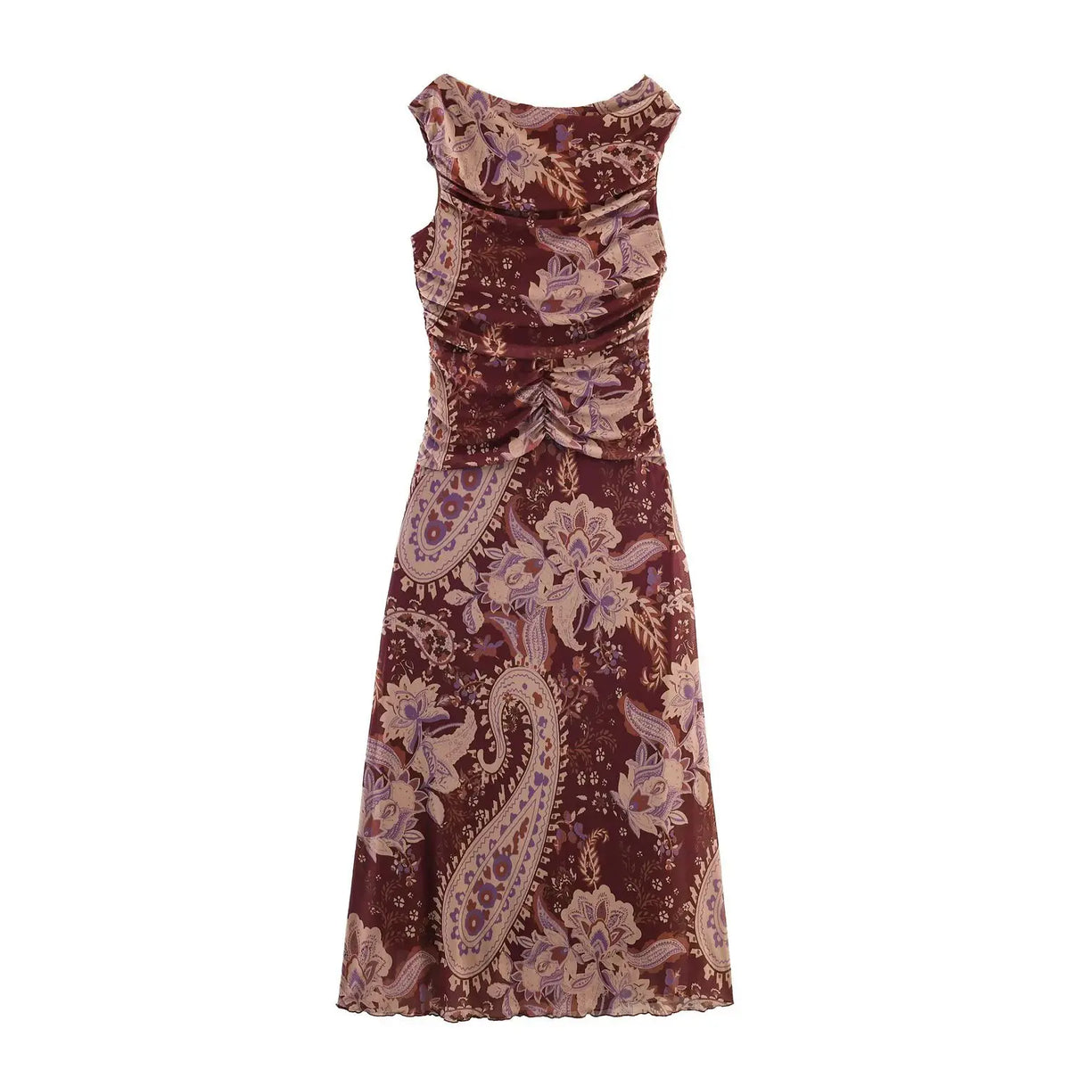Full back flat lay of burgundy paisley sleeveless mesh maxi dress, back ruched waist design