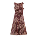 Full front flat lay of burgundy paisley sleeveless mesh maxi dress with waist ruched detail
