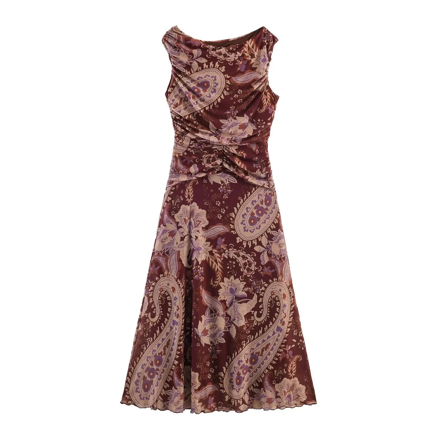 Full front flat lay of burgundy paisley sleeveless mesh maxi dress with waist ruched detail