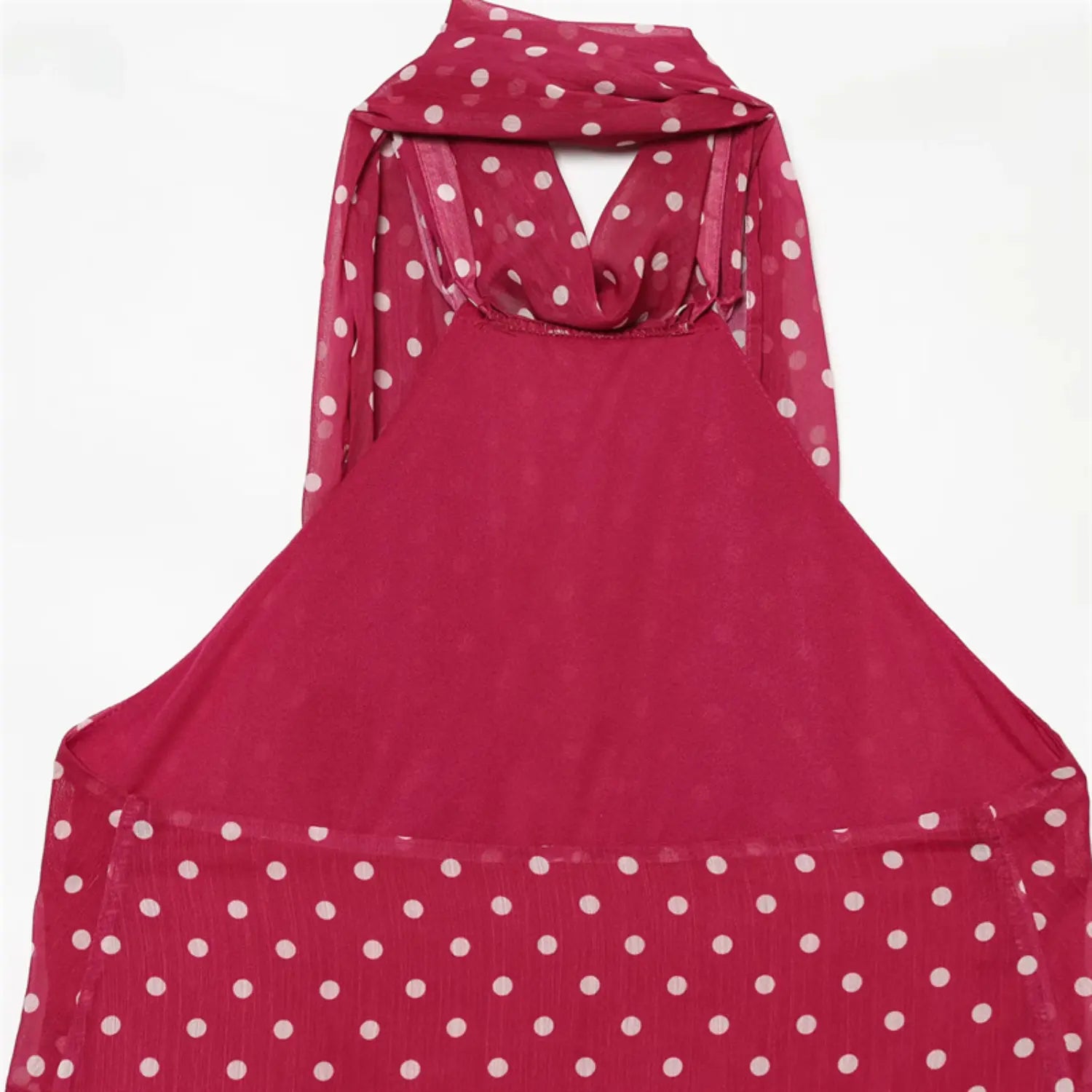 Full front flat lay burgundy polka dot camisole, wrapped halter neck with long self-fabric scarf ties, sheer crinkled chiffon fabric, sleeveless design