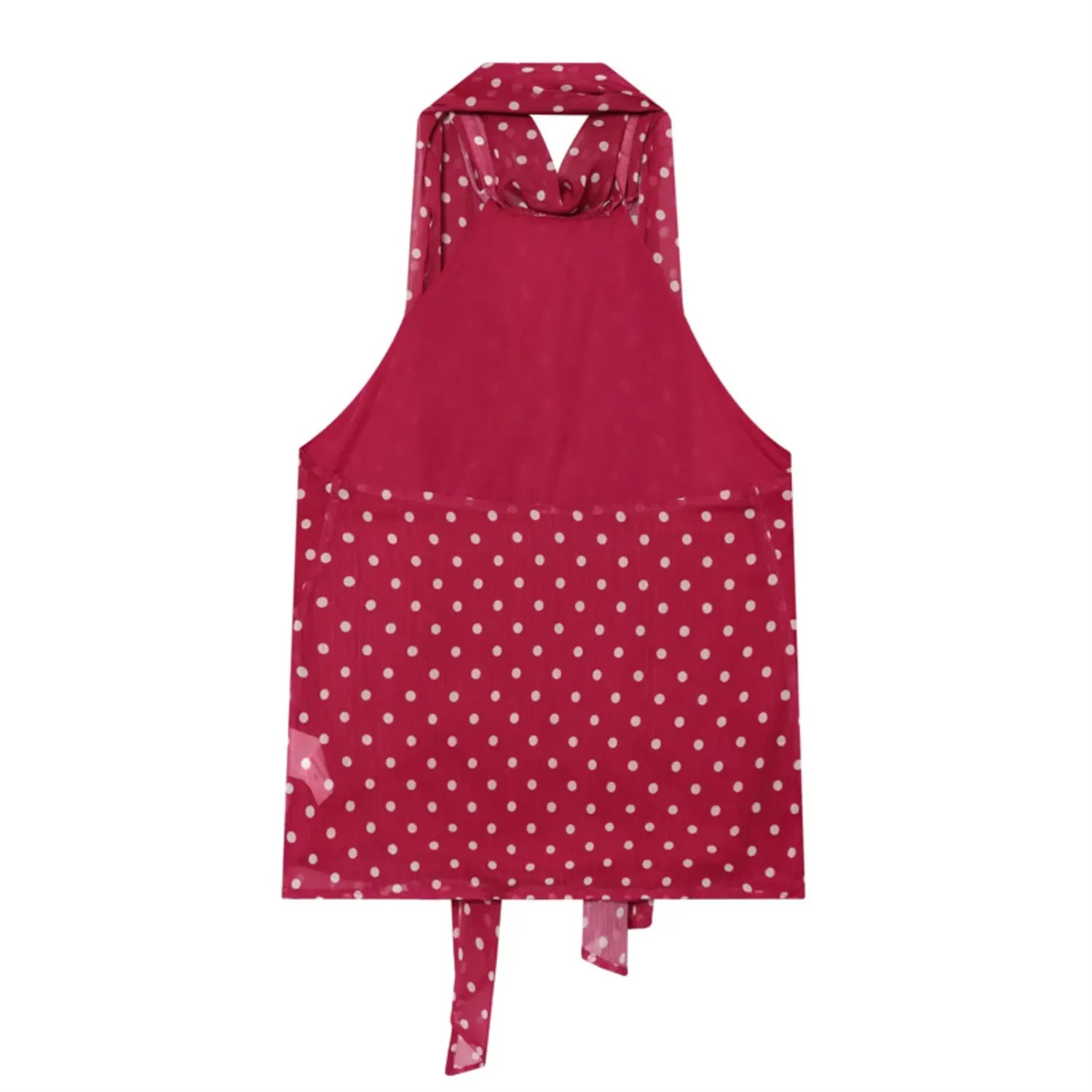 Full back flat view red chiffon top, solid color back lining panel, open halter hollow back design, extended fabric tie streamers at hem bottom