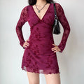 Stretch sheer mesh burgundy rose flock mini dress, velvet lined v neck, ruffle cuffs and hem curve hugging women evening short dress