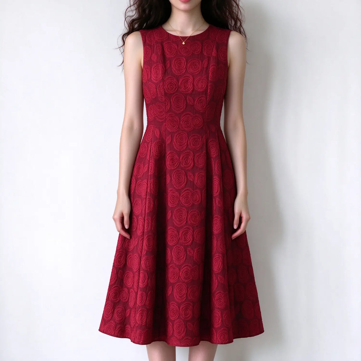 Model wearing burgundy sleeveless maxi dress, all over 3D rose embossed texture, round neck, flared maxi skirt