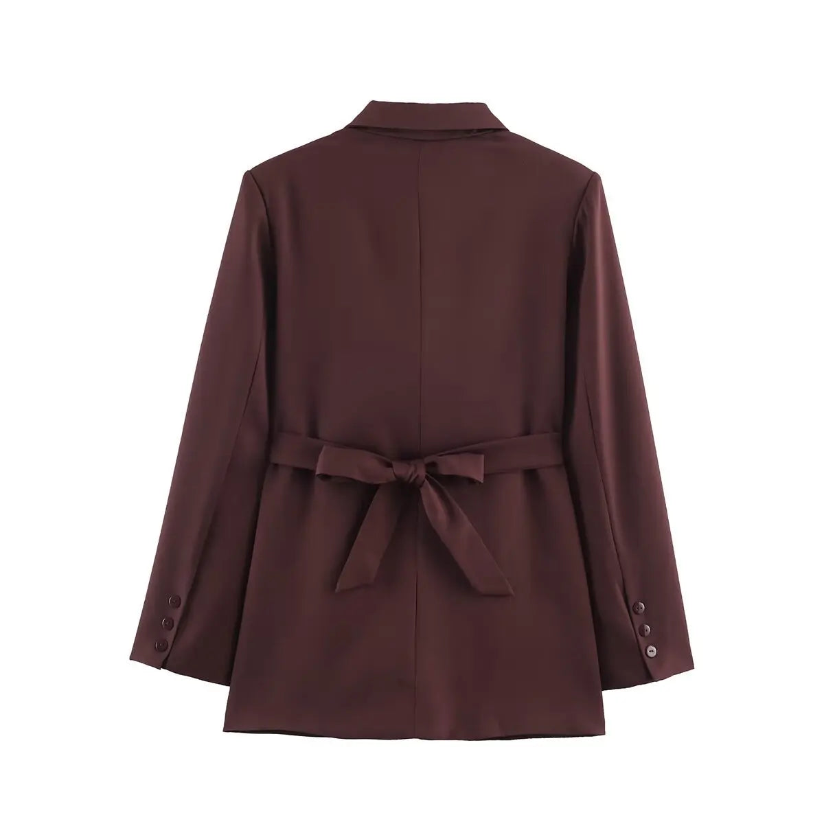 Burgundy ruched waist notch lapel bow back blazer, back flat lay
