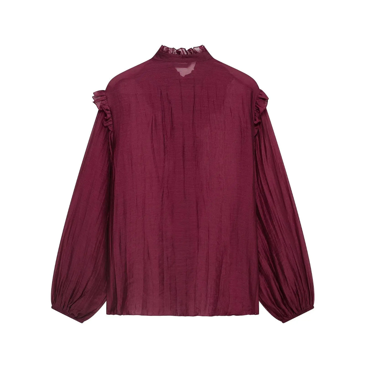 Burgundy ruffle stand collar balloon sleeve blouse, back flat lay