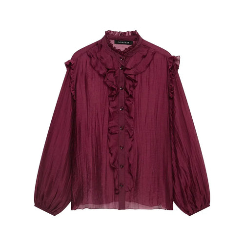 Burgundy ruffle stand collar balloon sleeve blouse, front flat lay