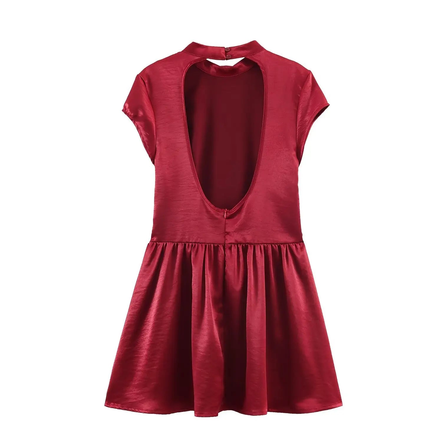 Full white background back flat lay, mock neck mini dress, huge oval cutout open back, central invisible zipper down waist, full gathered flared ruffle skirt, all-over wine red crinkled satin