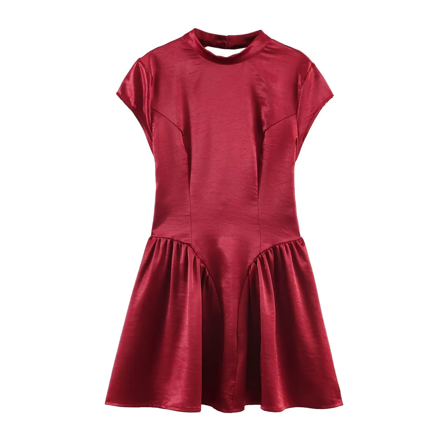 Complete front product flat shot, slim stand crew neck, cap short sleeves, vertical bust shaping darts, fitted waist with fully gathered flared mini skirt, matte-gloss crinkled burgundy satin fabric