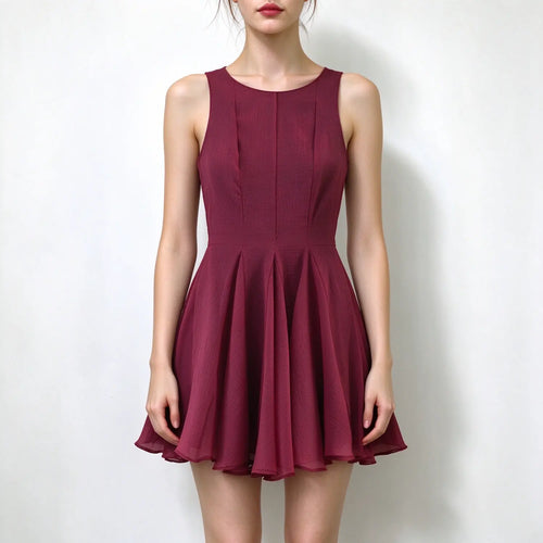 Model wearing burgundy sleeveless round neck flare mini dress with textured fabric, plain white background