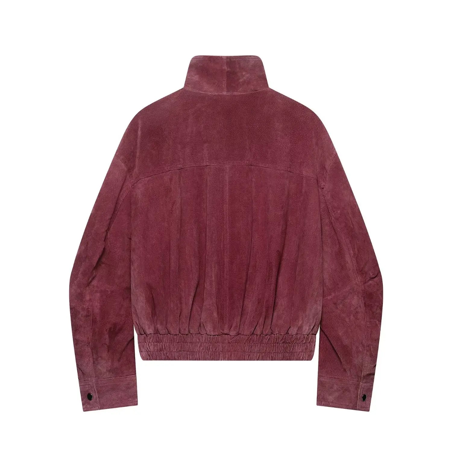 Back flat view burgundy high collar cropped suede bomber jacket elastic hem