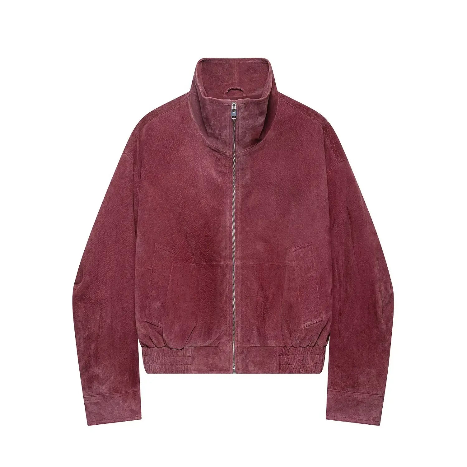 Front flat lay burgundy high neck zip up cropped suede bomber jacket with side pockets