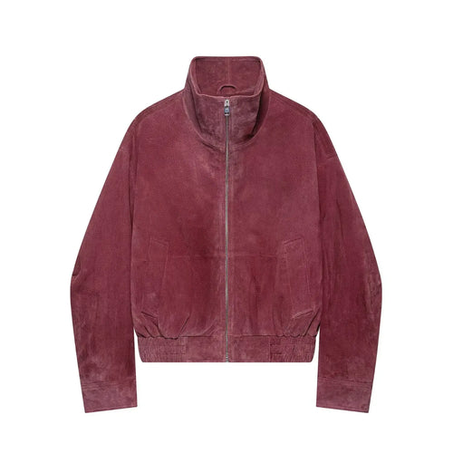 Front flat lay burgundy high neck zip up cropped suede bomber jacket with side pockets