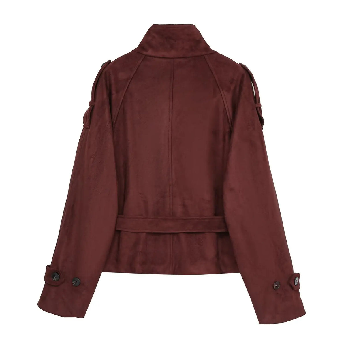Back flat lay of burgundy suede cropped jacket