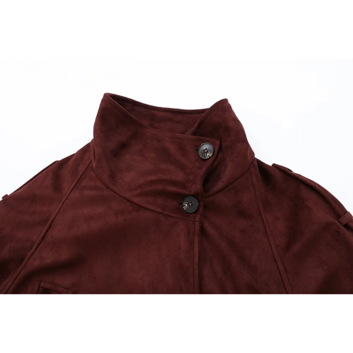Close-up of high stand collar and shoulder button