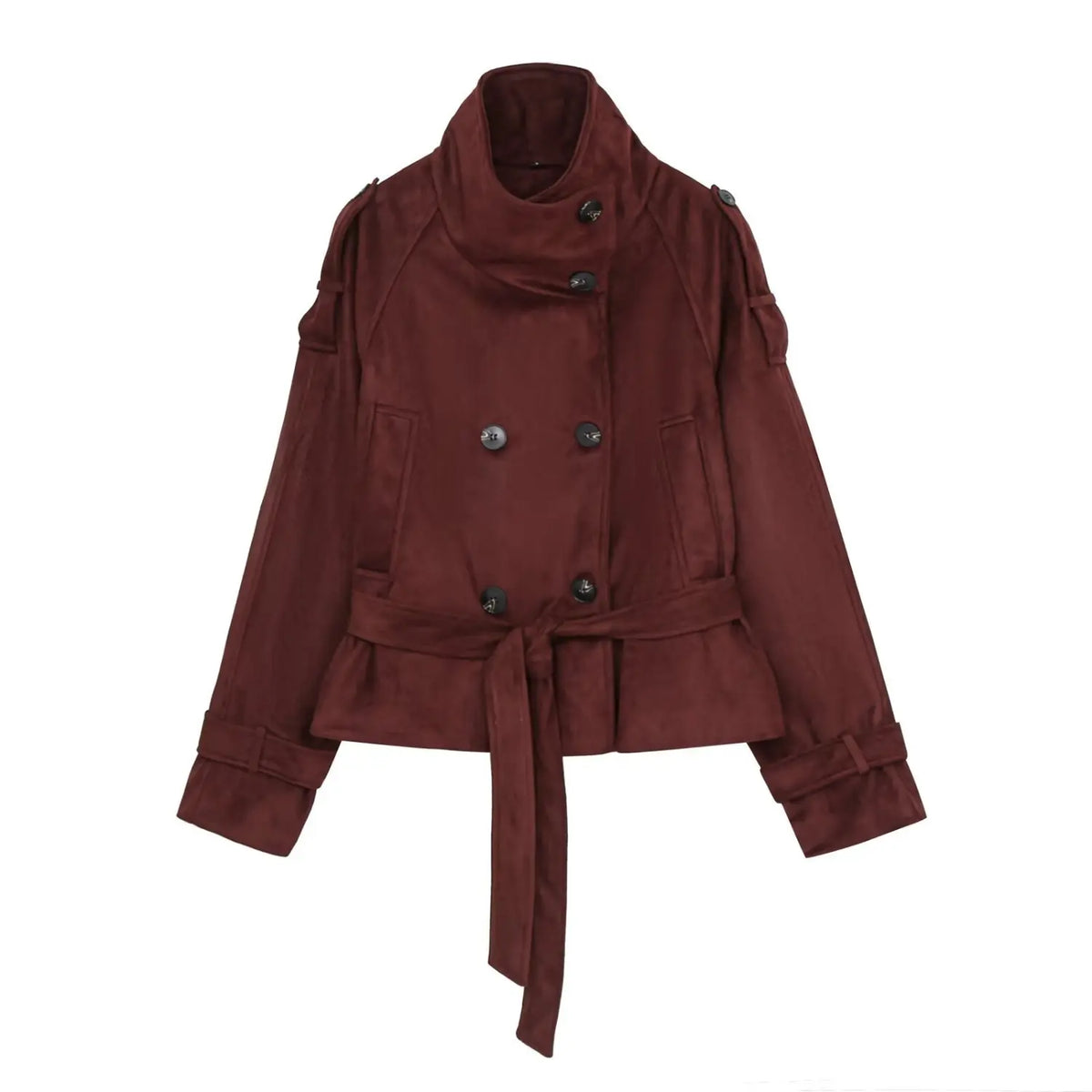 Front flat lay of burgundy suede double breasted cropped trench jacket with belt