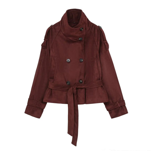 Front flat lay of burgundy suede double breasted cropped trench jacket with belt