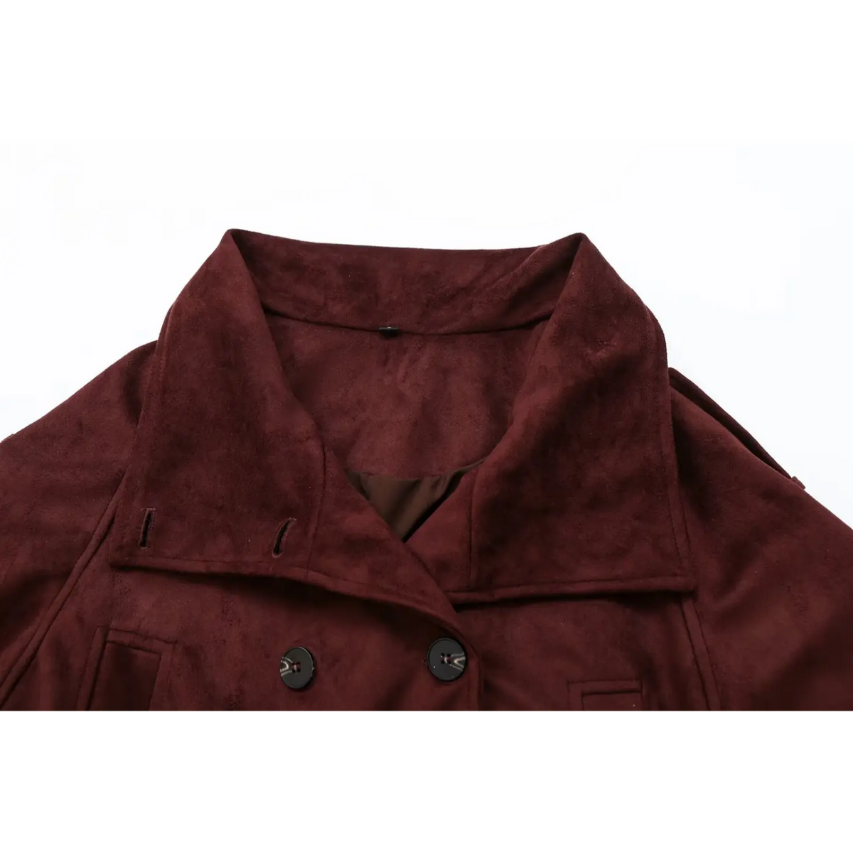 Close-up of wide collar, inner lining and double breasted front