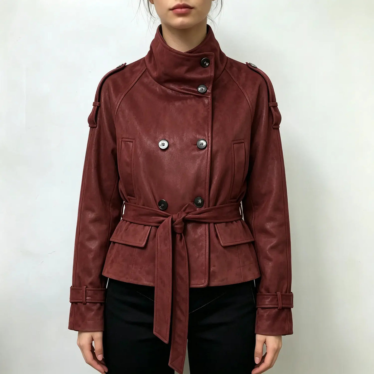 Model wearing burgundy suede double breasted cropped trench jacket with black trousers