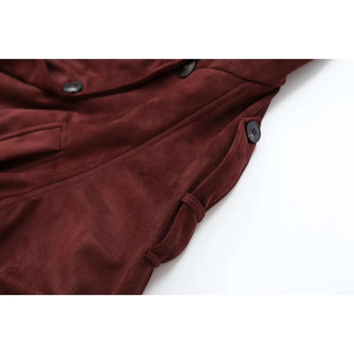 Close-up of side waist, shoulder button and belt