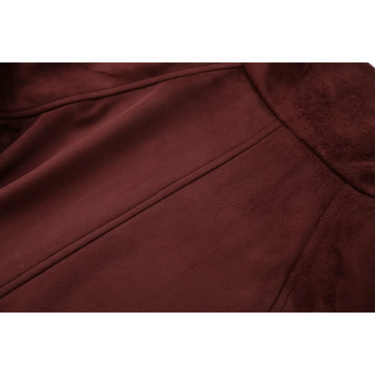 Close-up of suede texture and topstitching