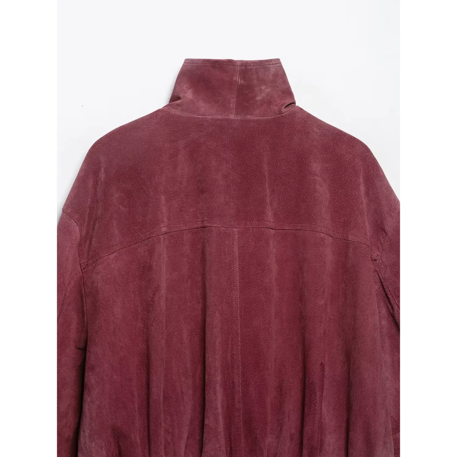 Upper back & stand collar flat detail burgundy suede bomber jacket